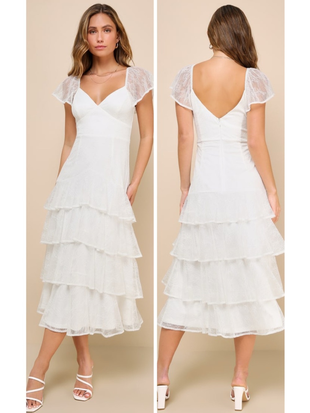Lulus Graceful Darling White Lace Flutter Sleeve Tiered Midi Dress Size XL NWT